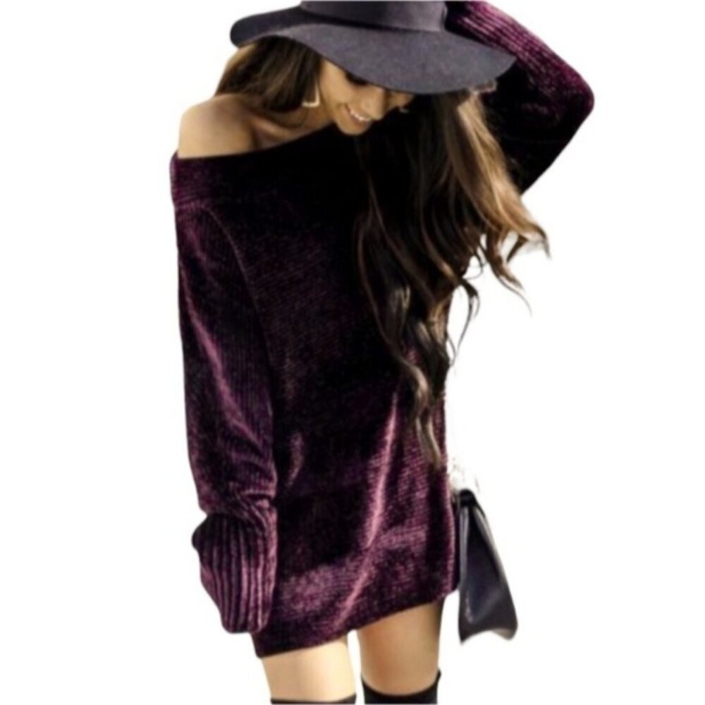 Dynamite Velvet Chenille Purple Boatneck Chunky Longline Sweater M - Picture 1 of 7